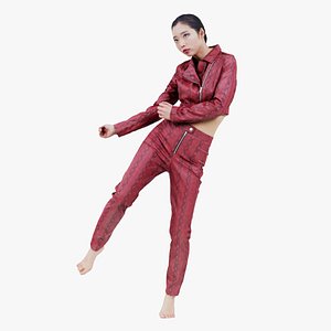 Asian Woman Wearing Red Leather Snake Print Outfit 006 Remastered 3D model
