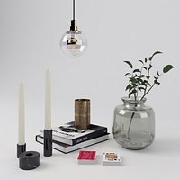 Decorative Set 1 with books, cards, candles, vase and Occhio lamp