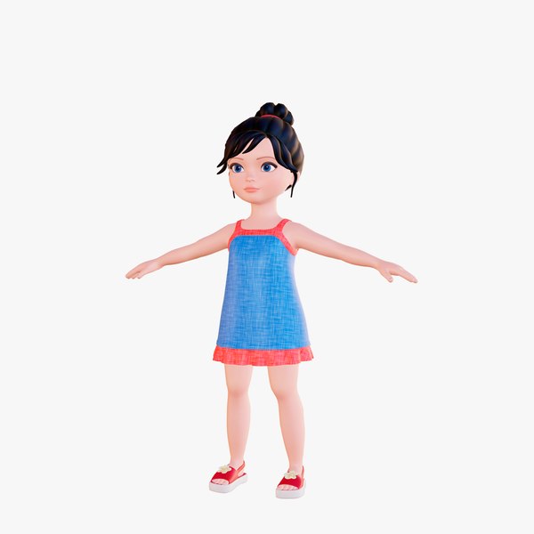 Cartoon little girl brunette in sundress 3D model