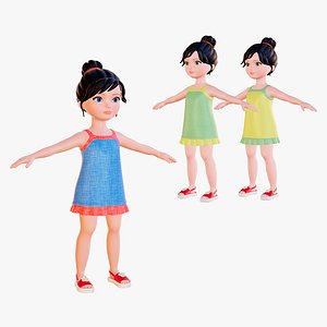 Cartoon little girl brunette in sundress 3D model