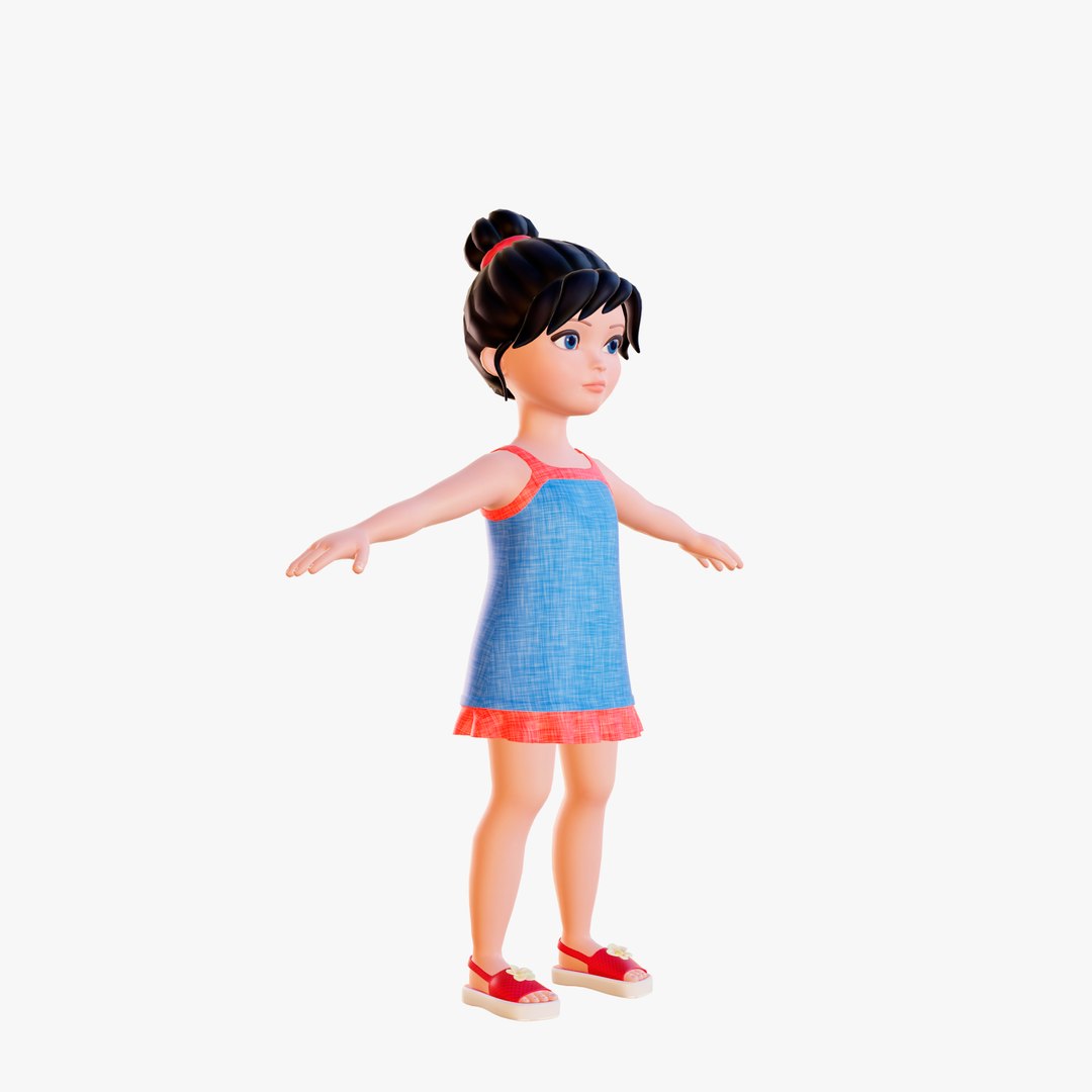 Cartoon little girl brunette in sundress 3D model - TurboSquid 1904256