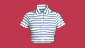 Girls Button-Up Crop Polo Shirt With Striped 3D model