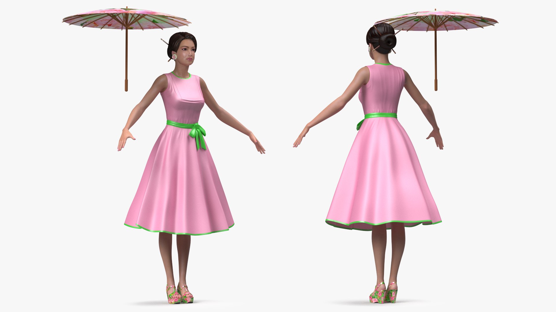 Asian Women Wear Summer Fashion Dress T Pose 3D model for industrial visualization, technical presentation, simulation, product rendering, and animation