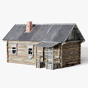 3D Old wooden damaged village house A an3