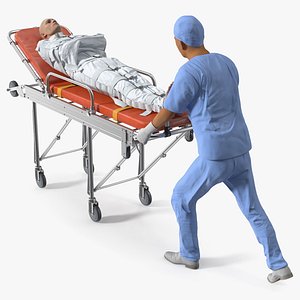 Paramedic Pushing Stretcher with Straitjacket Patient