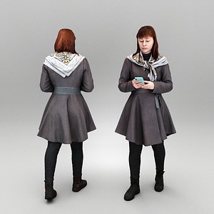 3D Woman in coat using smartphone 428