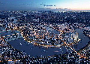 Futuristic Riverfront City Megalopolis - Detailed Urban Peninsula Environment 3D