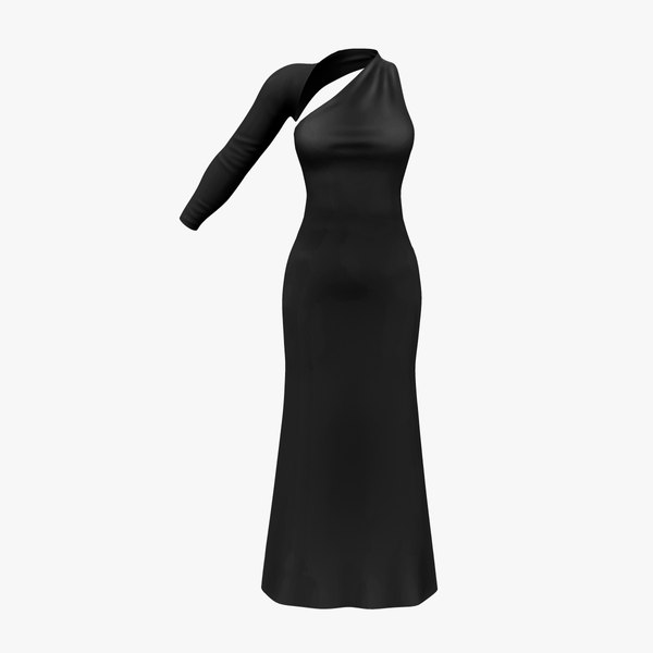 Ladies Kleid One Shoulder Black Maxi Dress 3D model