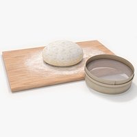 Fresh Raw Dough on Wooden Board and Sieve