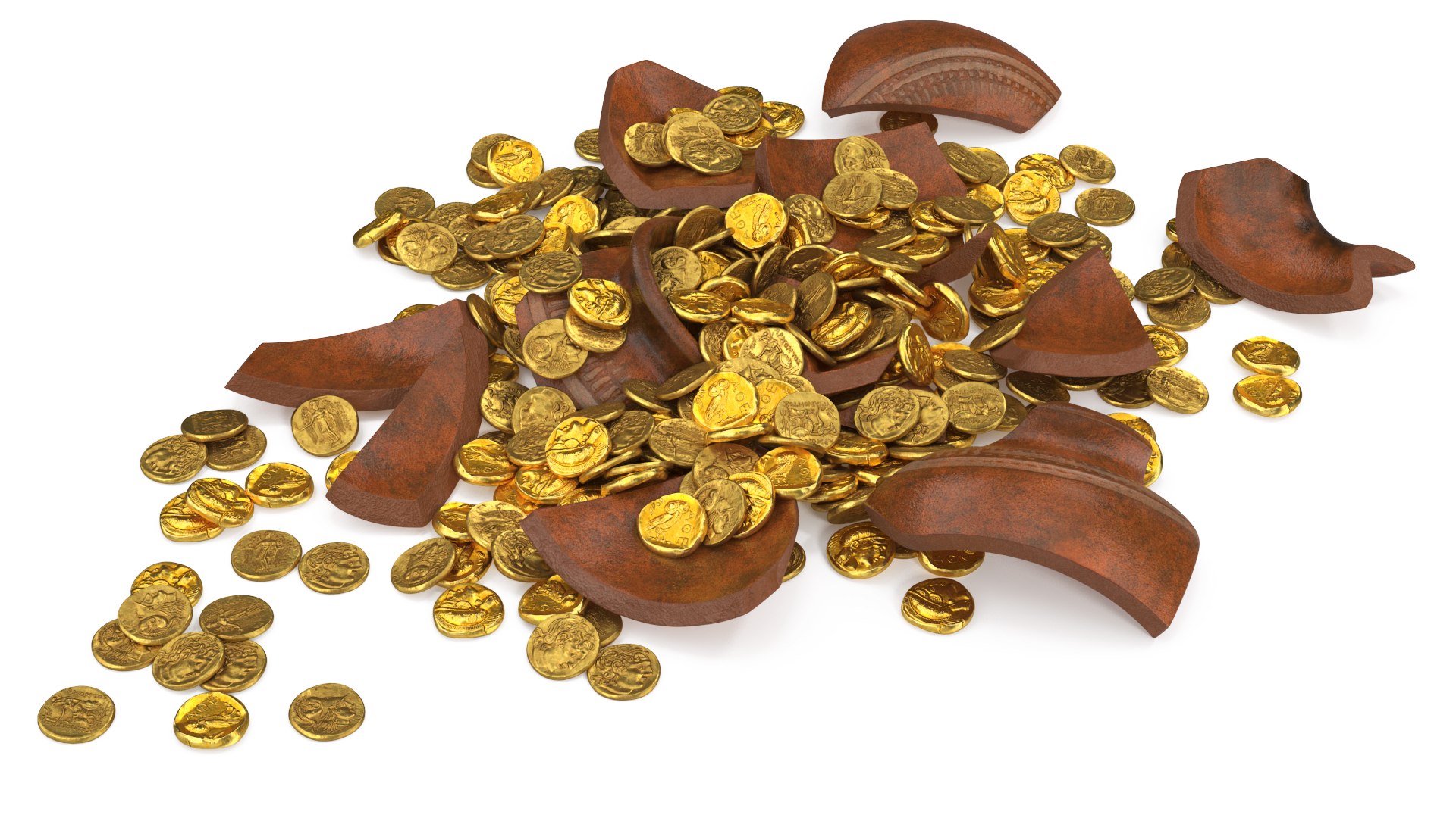 Broken Clay Pot with Gold Coins 3D model preview