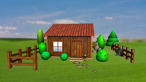 3D model Set of stylized houses bushes trees stones fence PBR Low-poly 3D model
