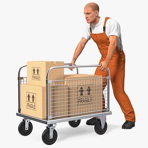 3D Worker with Platform Trolley Two Railing Cardboard Boxes Fur