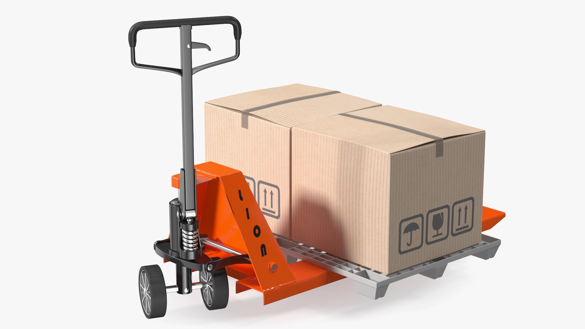 Lion Premium Hand Pallet Truck with Boxes Rigged for Maya 3D model preview