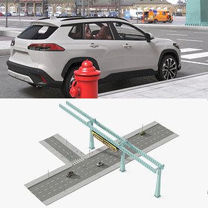 Suspended Monorail Over Urban Road with Cars 3D model