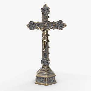 3D Antique Religious Desk Crucifix Jesus Bronze with Silver