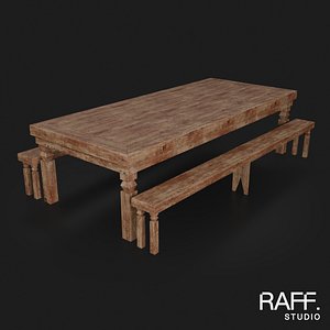 3D Rustic Table with 2 Benches - Wooden Dining Furniture model