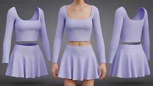 Square Neck Crop Top Circle Mini Skirt 3D Outfit - Two-Piece Sportswear Fashion Set 3D model