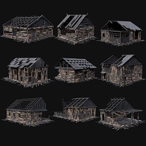 BURNED WOODEN HOUSES RUIN DESTROYED COTTAGE OLD COLLECTION