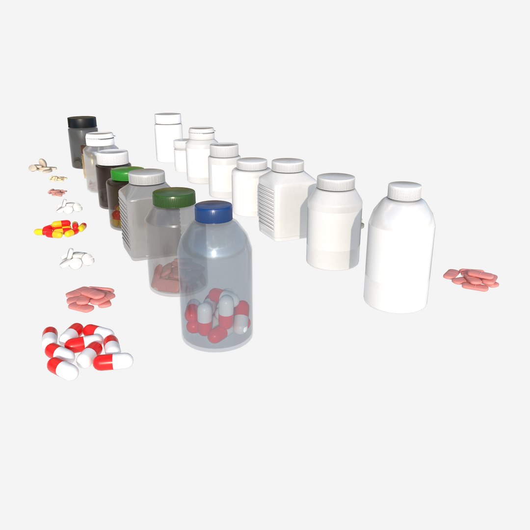 set of pill bottles 3D model https://p.turbosquid.com/ts-thumb/UT/Dleoz9/r4/preview22/jpg/1750074811/1920x1080/fit_q87/e238b212f0e800c85fd4bdf5a7b4737214362e76/preview22.jpg