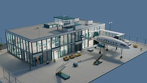 Stylized Regional Airport Terminal with ATC Tower Jetbridge Turboprop