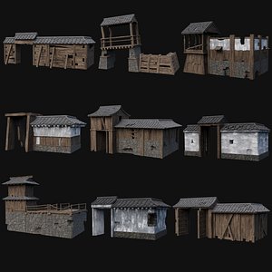 RUINED JAPANESE WALLS PALISADE FEUDAL FENCE BARRIER COLLECTION 3D model