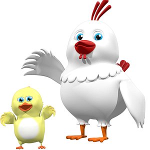Cartoon Hen and chick Rigged Model