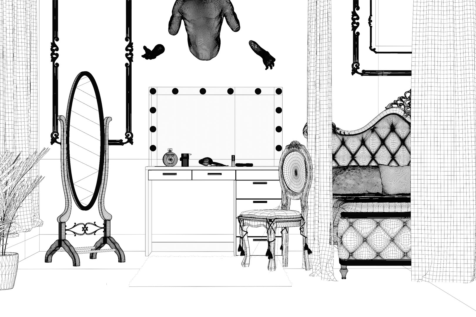Classic Luxury  Bedroom with White Table  Big Mirror- 3D Model Ready to Render inside Blender Cycles model https://p.turbosquid.com/ts-thumb/Ub/tMsOEj/Jh/wireframe/png/1747463719/1920x1080/fit_q87/74dac90e4978ffcd920ecd57352364a8bfc3688d/wireframe.jpg