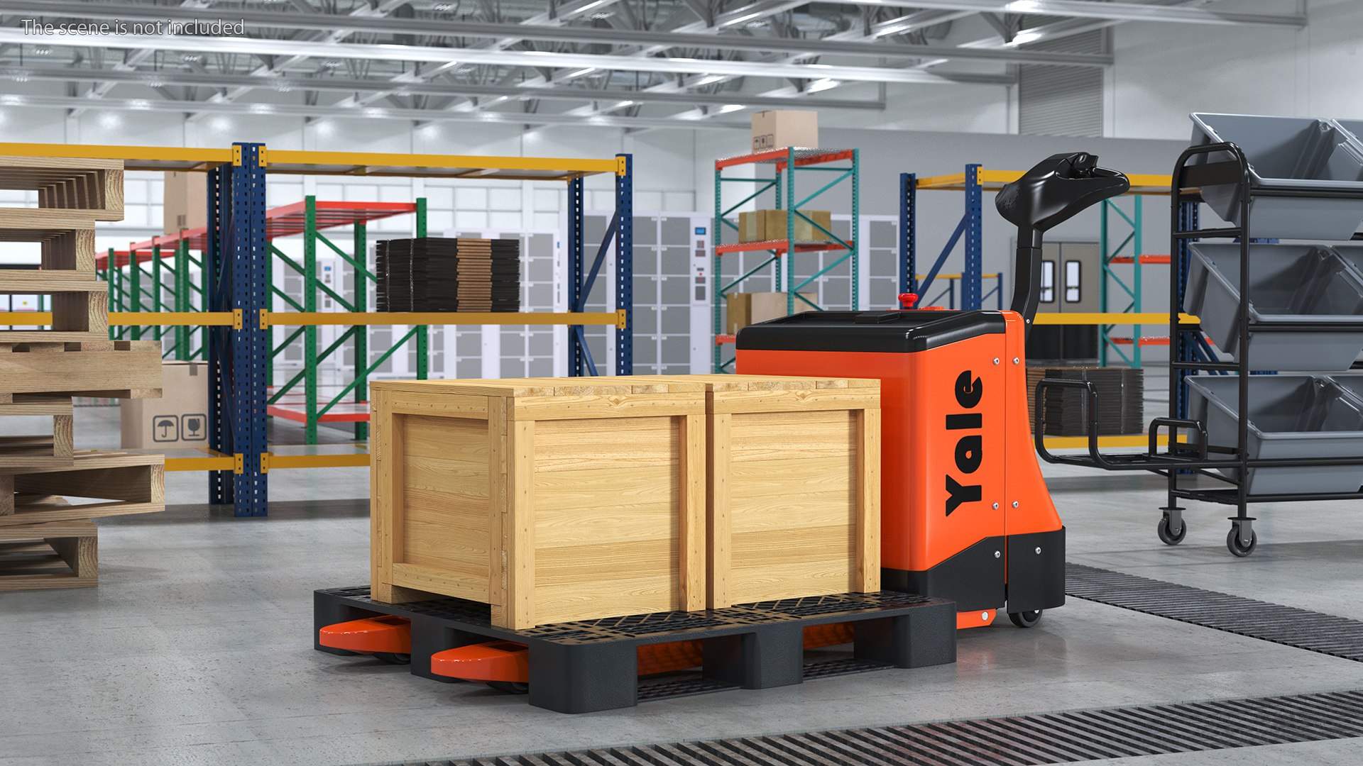 Yale Electric Pallet Truck with Wooden Crates Rigged for Cinema 4D 3D model preview