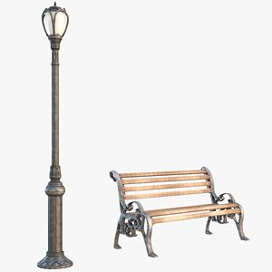Street Lamp and Park Bench 3D model