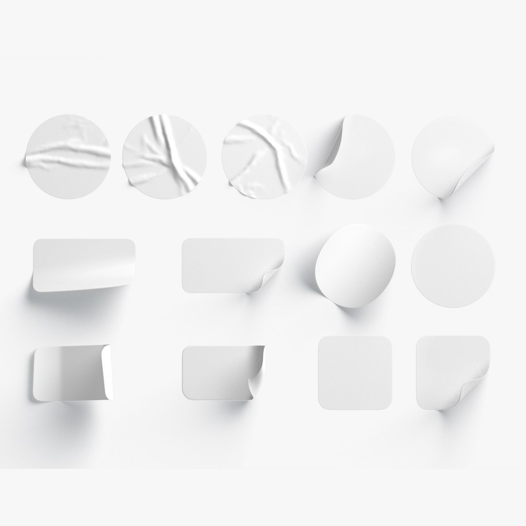 White Stickers Set - 13 adhesive round and square sticky labels3D模型 ...
