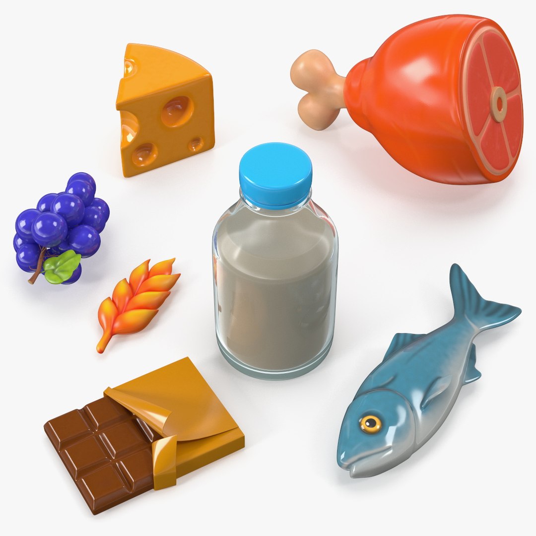 Cartoon Food Assortment with Meat Fish and Dairy 3D model preview