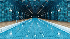 Blue Tiled Indoor Swimming Pool Corridor 3D