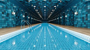 Blue Tiled Indoor Swimming Pool Corridor