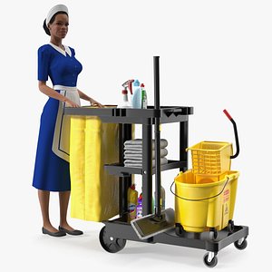 Black Maid With Multi Shelf Cleaning Cart Fur