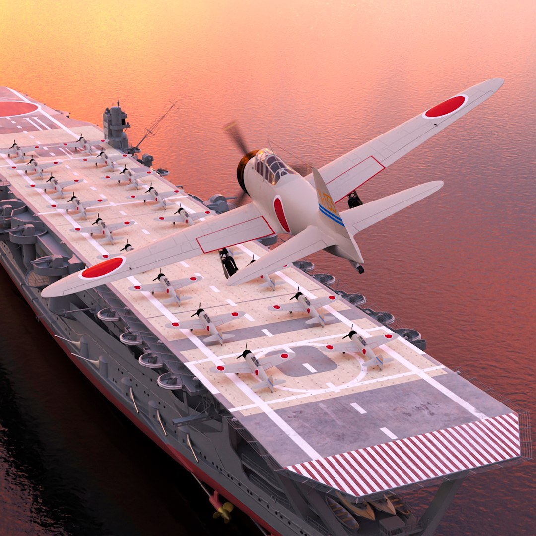 Aircraft Carrier Kaga with Fighter Jets on Board 3D model preview