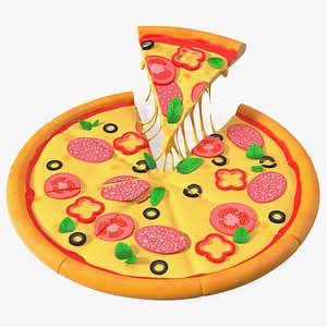 3D Cartoon Pizza with One Slice Taken