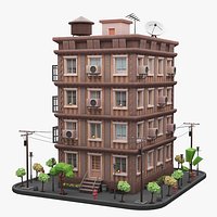 Stylized Low Poly Apartment Building with Yard - Blender Project