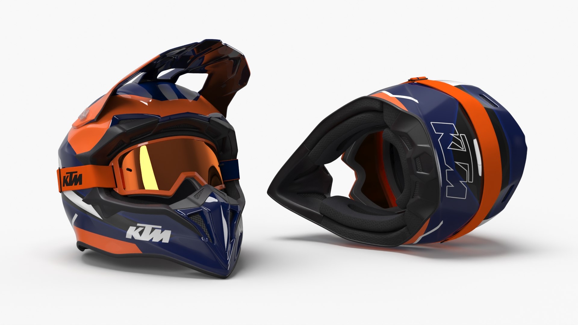 KTM Motocross Helmet with Goggles Orange Blue 3D model preview