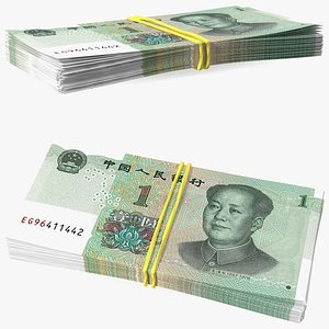 Stack of Chinese 1 Yuan 2019 Bills with Rubber Band