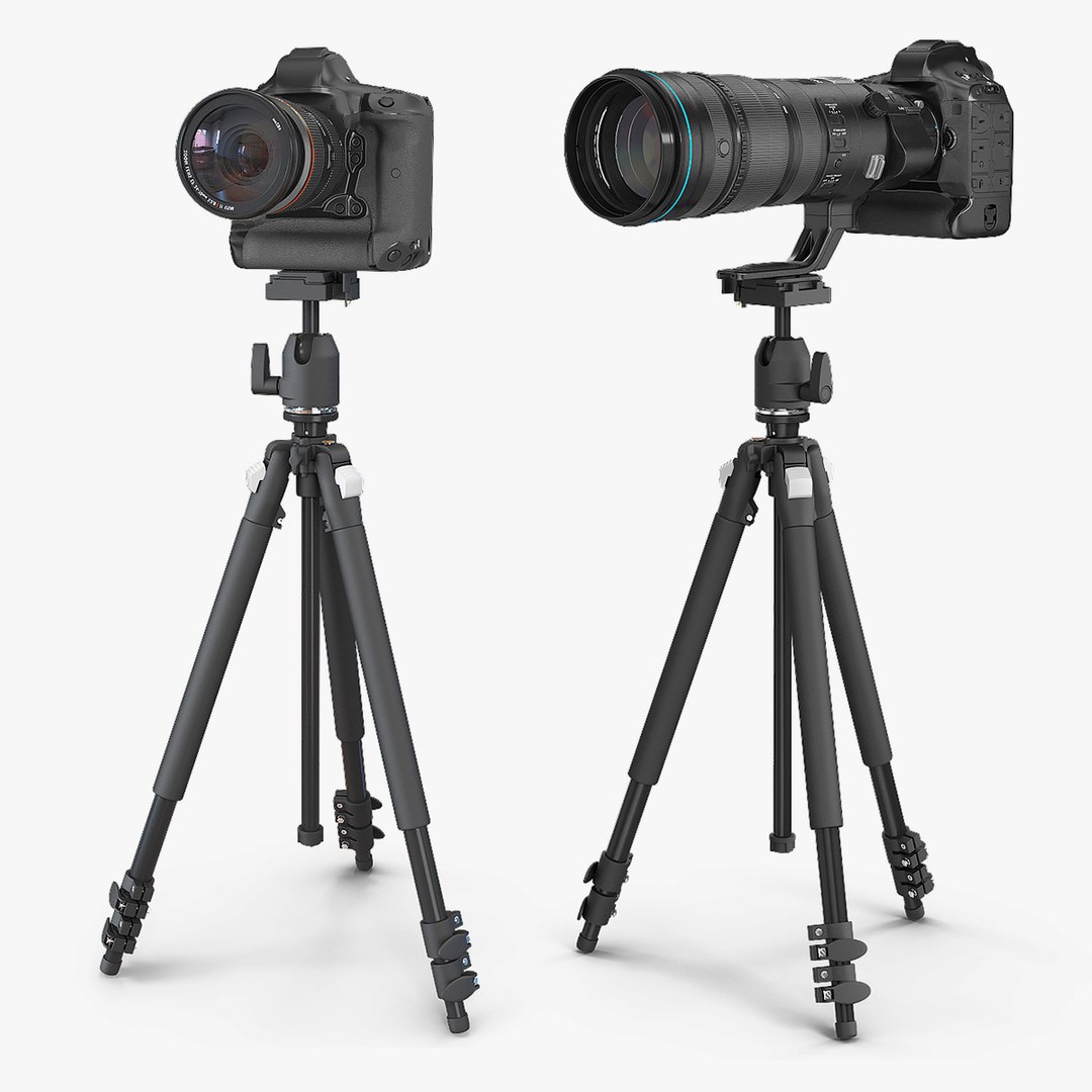 DSLR Cameras with Zoom on Tripod Collection 3D model preview