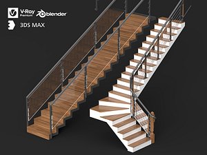 3D Two Style Modern Wooden Staircase With Glass Handrail 3D Model model