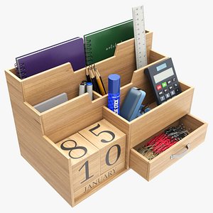 Office Wood Organizer with Supplies 03 3D