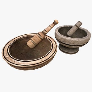 Mortar and pestle Medieval set 3D model