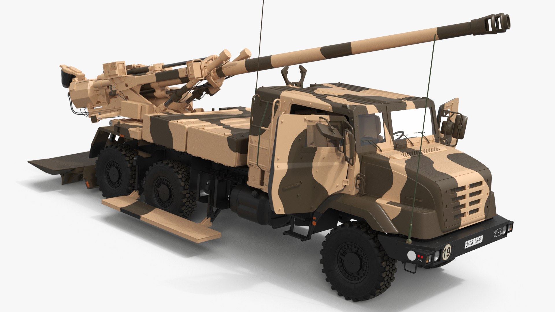 3D 155mm Self-Propelled Howitzer On Military Truck Desert Camouflage ...