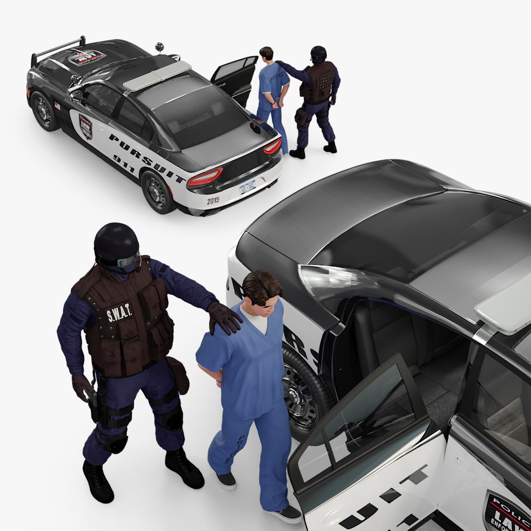 SWAT Officer with Asian Prisoner and Police Car