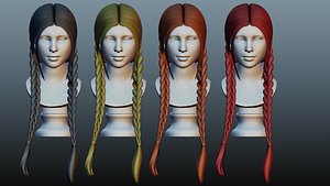 Female braid hair low poly 4 colors 3D model