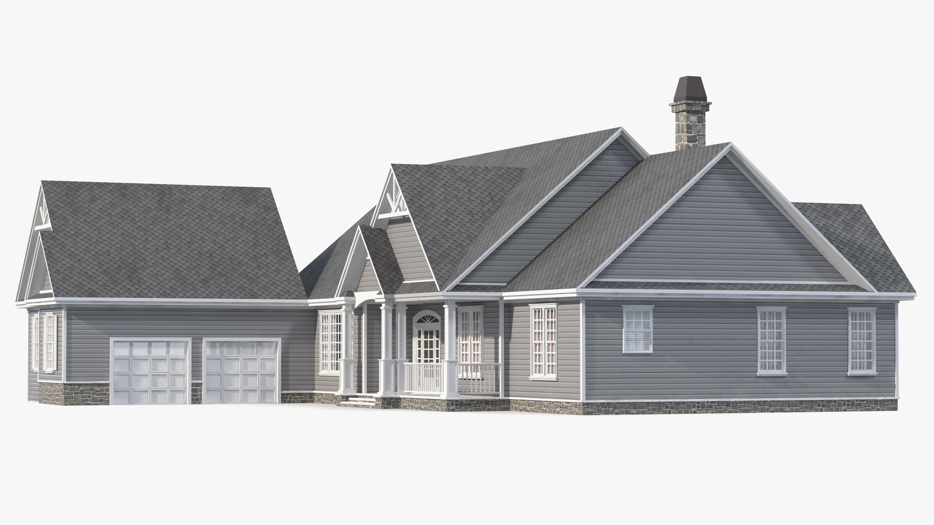 Grey American House With Two Garage Doors 3D model preview