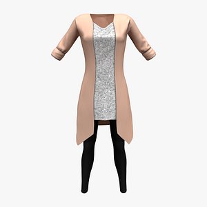 Rolled Sleeves Long Cardigan Shirt Under and Skinny Leggings Outfit 3D model