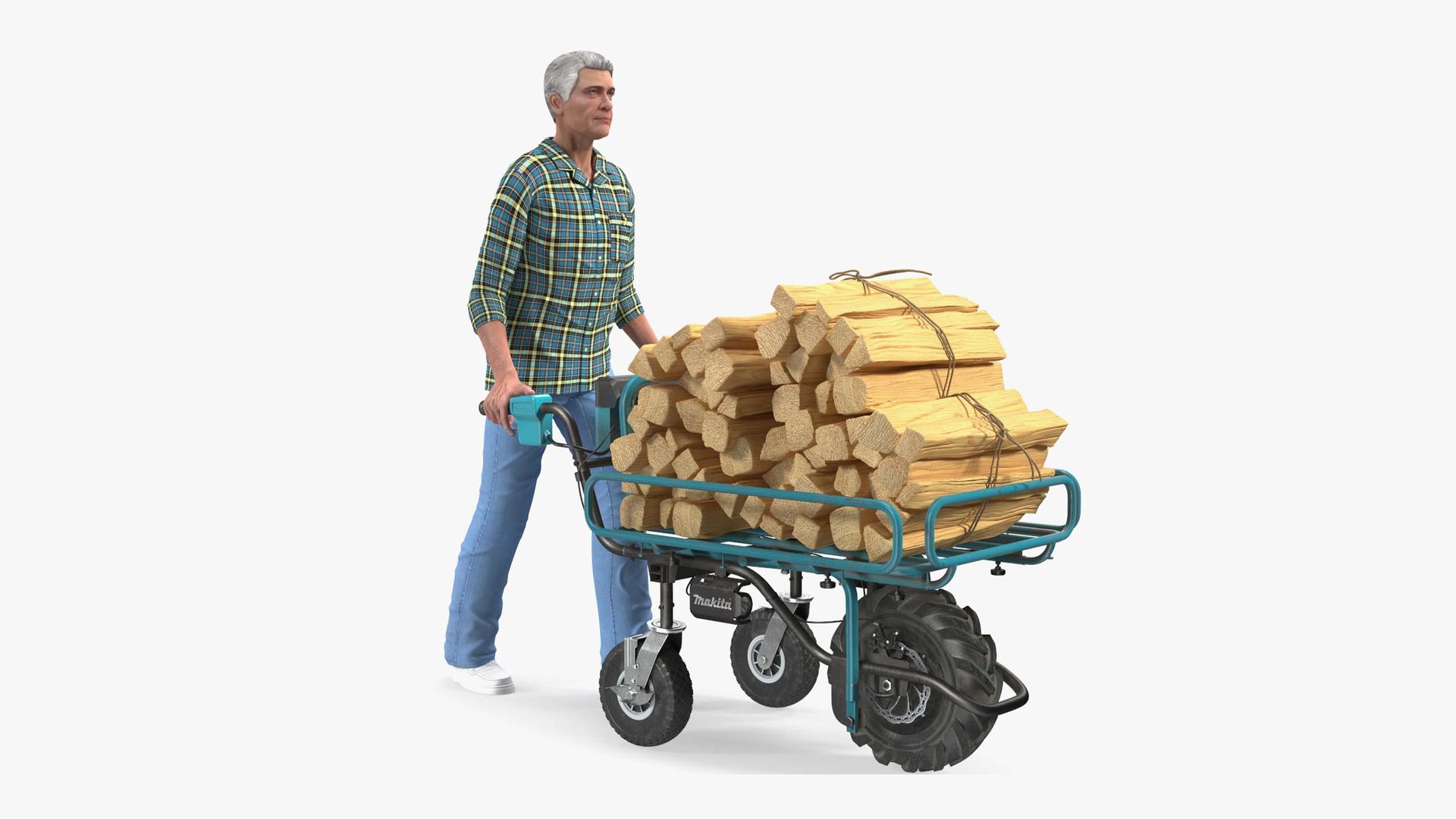Elderly Man Makita DCU180ZF Electric Wheelbarrow with Wood Rigged for Cinema 4D 3D model preview