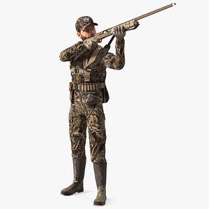 Aiming Duck Hunter with Gun in Grass Camo Fur
